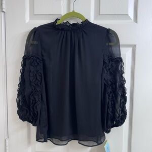 CeCe Dressy Black Ruffle Sleeve Blouse Top Size S